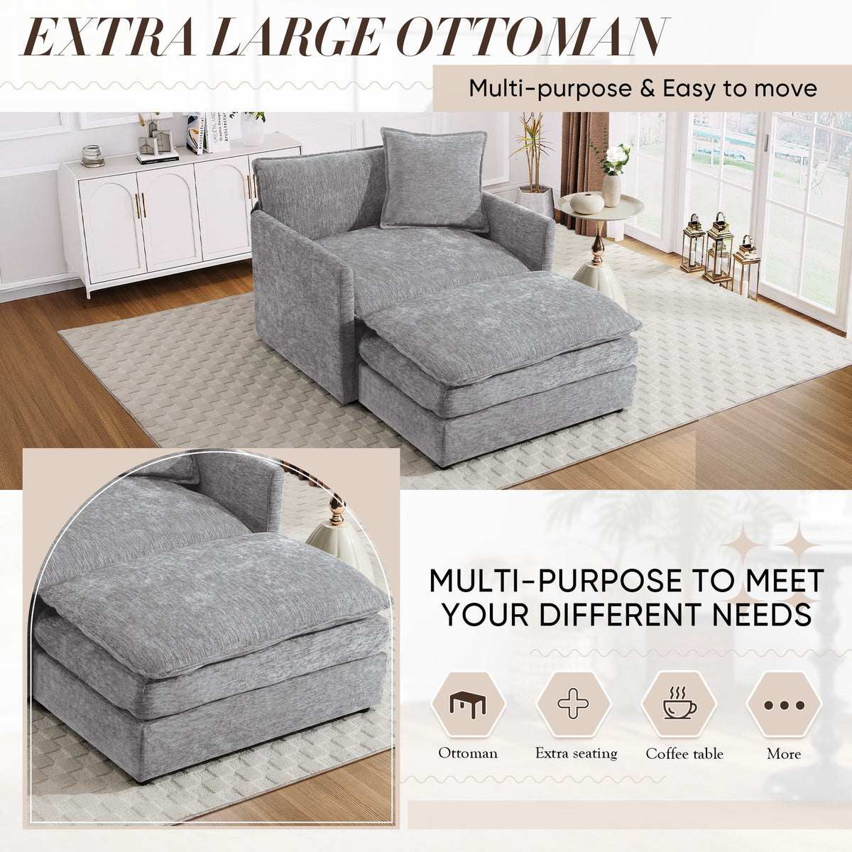 Muumblus Oversized Lounge Chair with Ottoman, Cloud Accent Armchair for Living Room, Beige Chenille - Product image 52