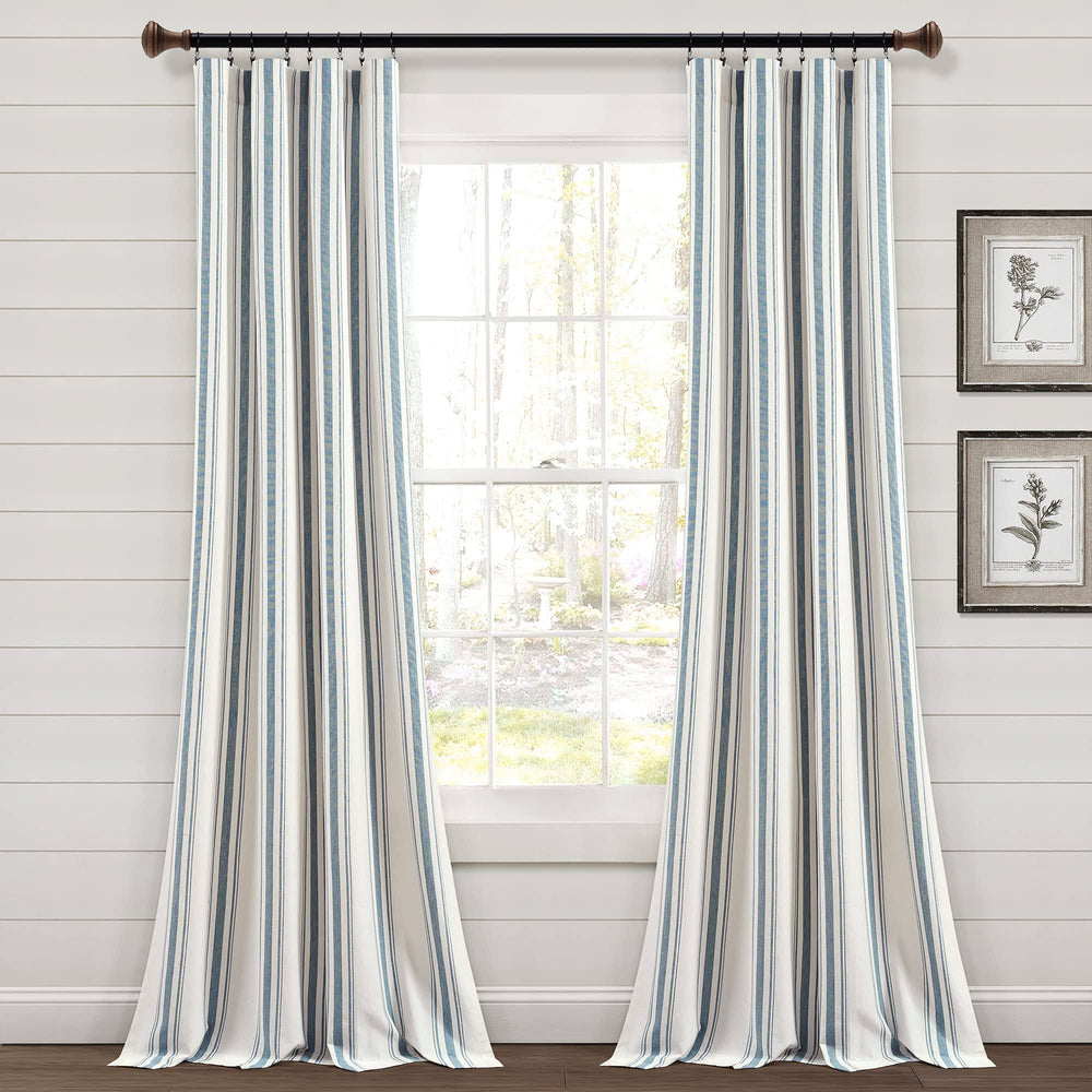 Lush Decor Farmhouse Stripe Yarn Dyed Cotton Window Curtain Panel Pair - 84" x 42" - Blue