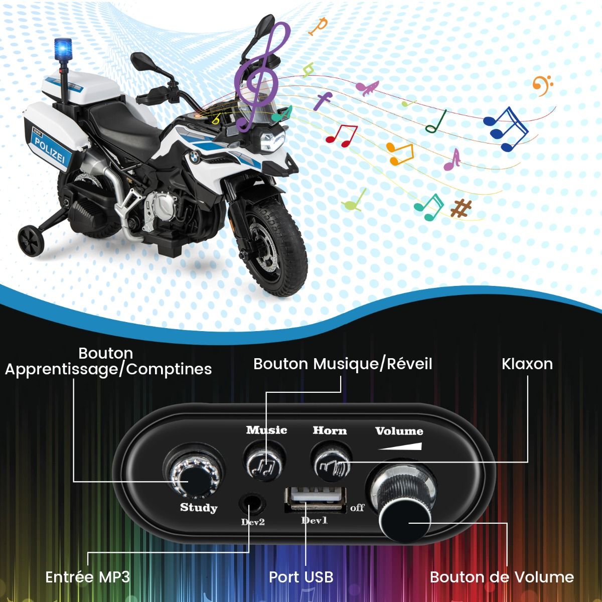 12V/7AH Electric Motorcycle for Children 6km/h Police Model with Horn Music Siren Headlights for 3-8 Years Old -