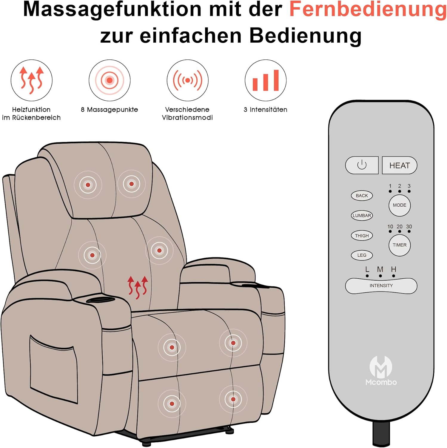 M MCombo Electric Relax Armchair Massage Armchair TV Armchair Reclining Function Vibration Heating 7061 New Model (Black Imitation Leather)