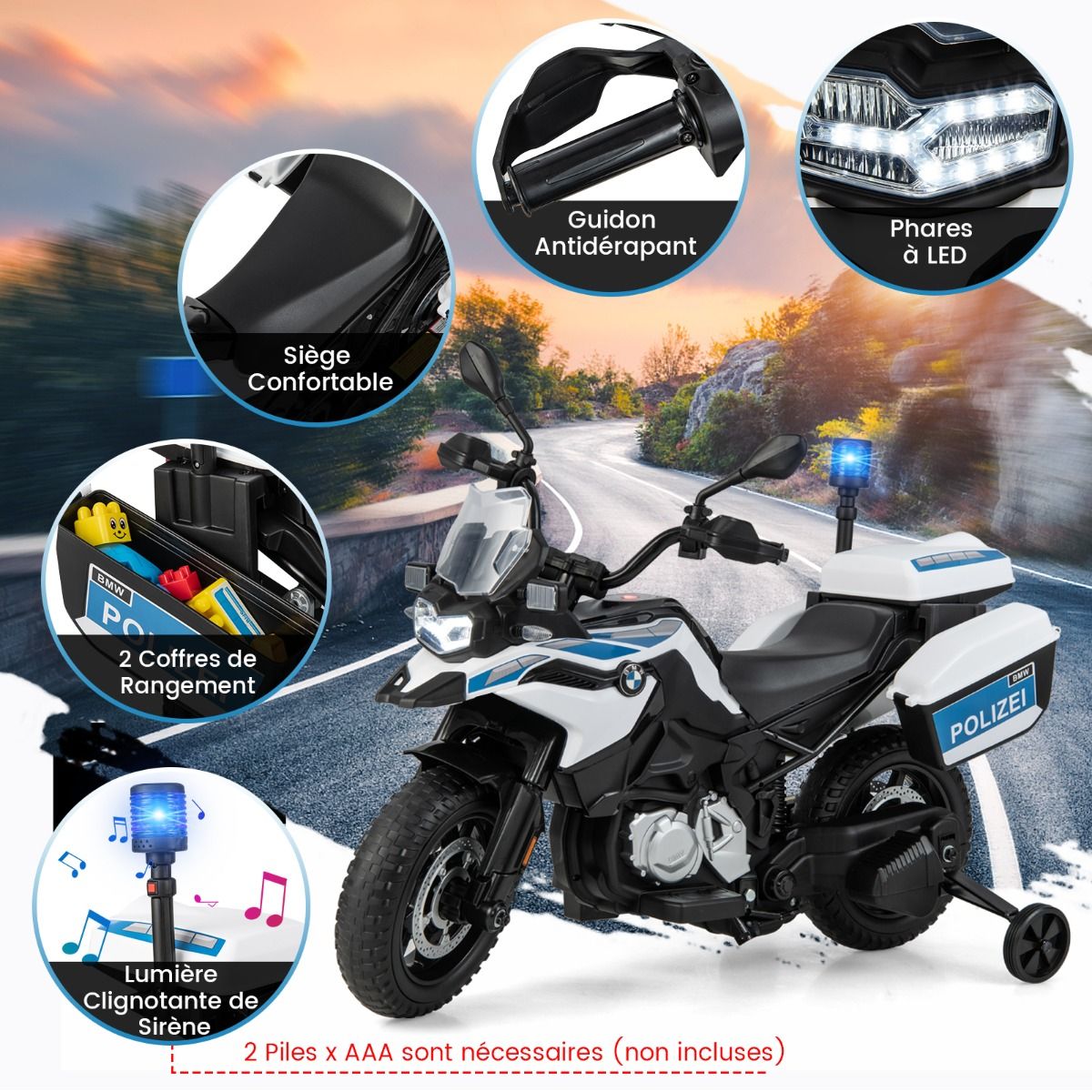 12V/7AH Electric Motorcycle for Children 6km/h Police Model with Horn Music Siren Headlights for 3-8 Years Old -