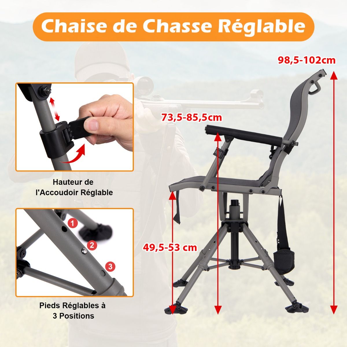 Portable Hunting Chair Shooting Chair with Adjustable Folding Seat 360° Rotation Adjustable Rifle Support Load 150 kg Black -