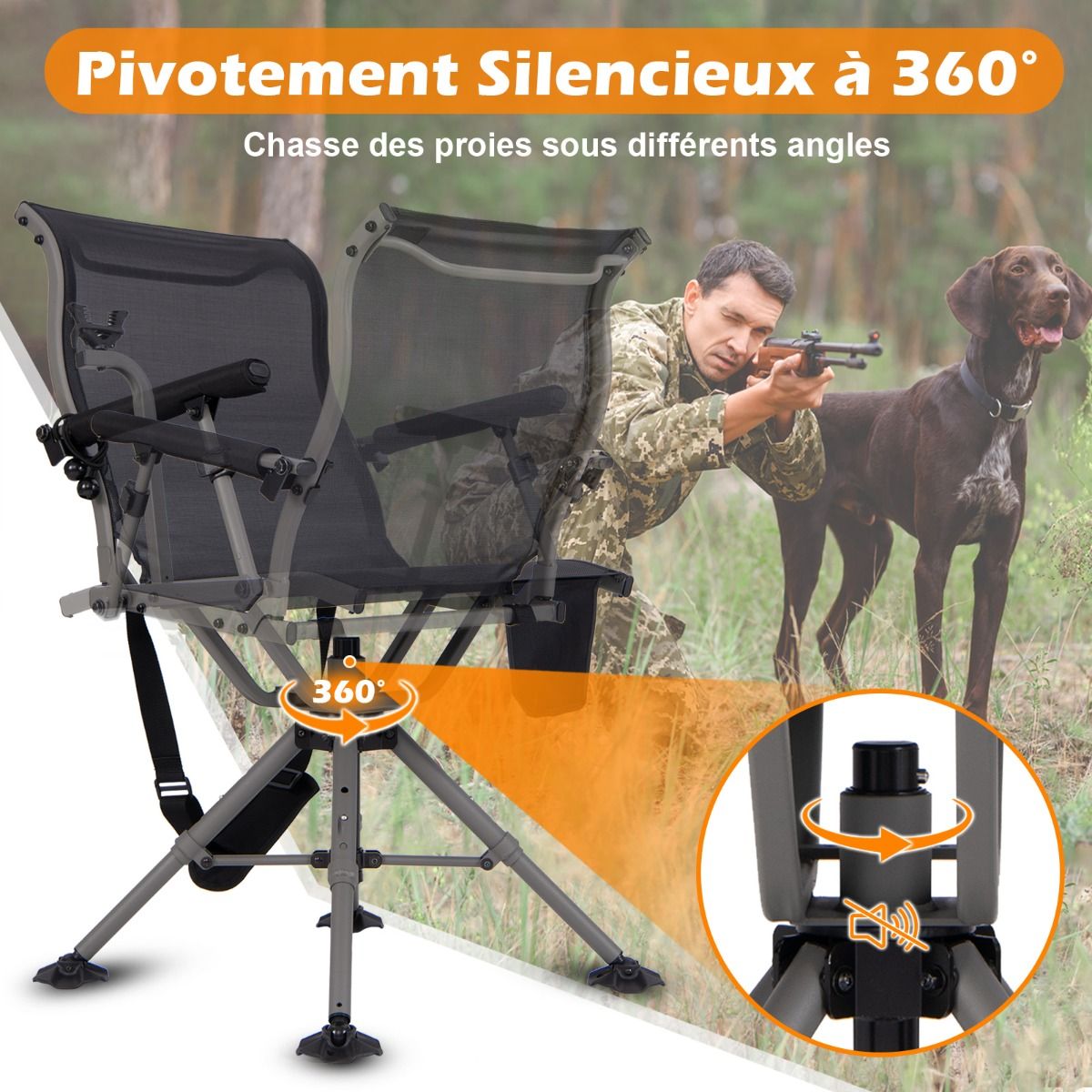 Portable Hunting Chair Shooting Chair with Adjustable Folding Seat 360° Rotation Adjustable Rifle Support Load 150 kg Black -