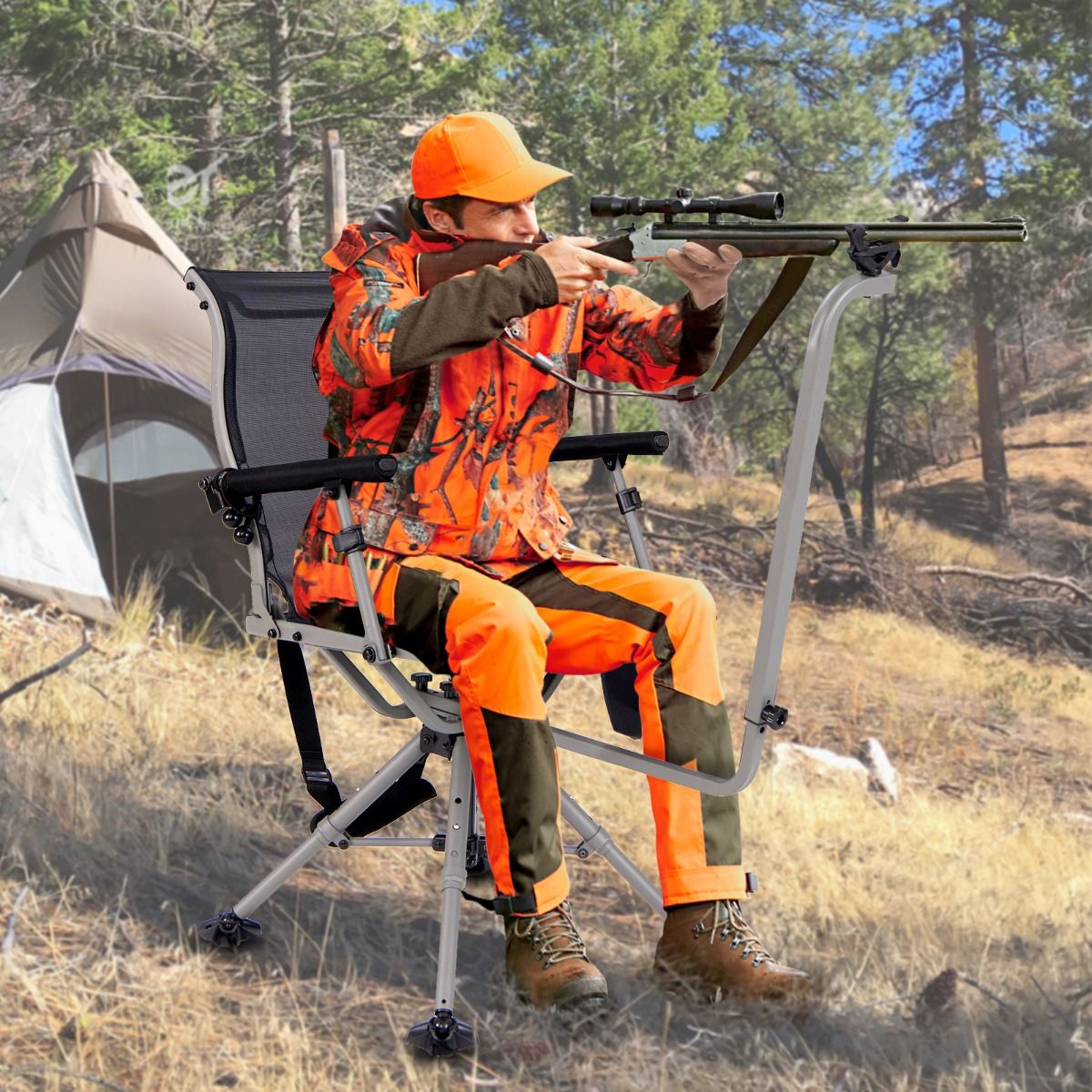 Portable Hunting Chair Shooting Chair with Adjustable Folding Seat 360° Rotation Adjustable Rifle Support Load 150 kg Black -