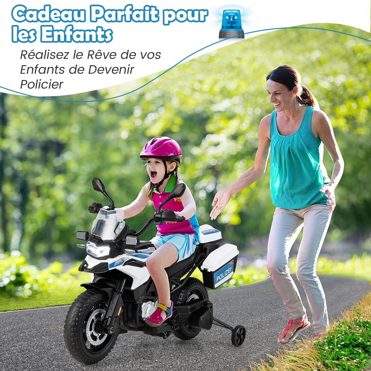 12V/7AH Electric Motorcycle for Children 6km/h Police Model with Horn Music Siren Headlights for 3-8 Years Old -