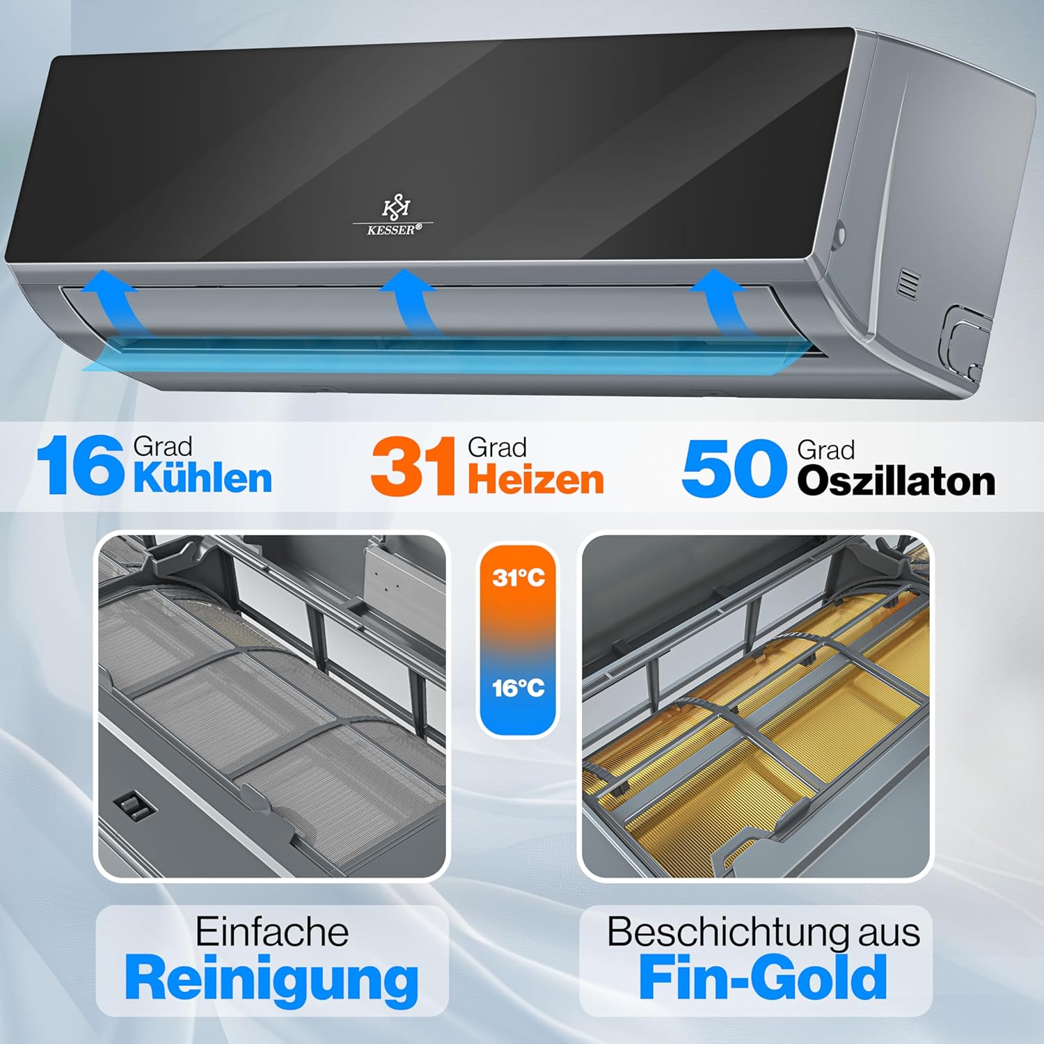 KESSER® Reversible Air Conditioning SET - Air Conditioner with WiFi/App Function - A++ Cooling/A+ Heating R32 Refrigerant - Split LCD Screen 9000 BTU/h / 2600 Watt - Anthracite