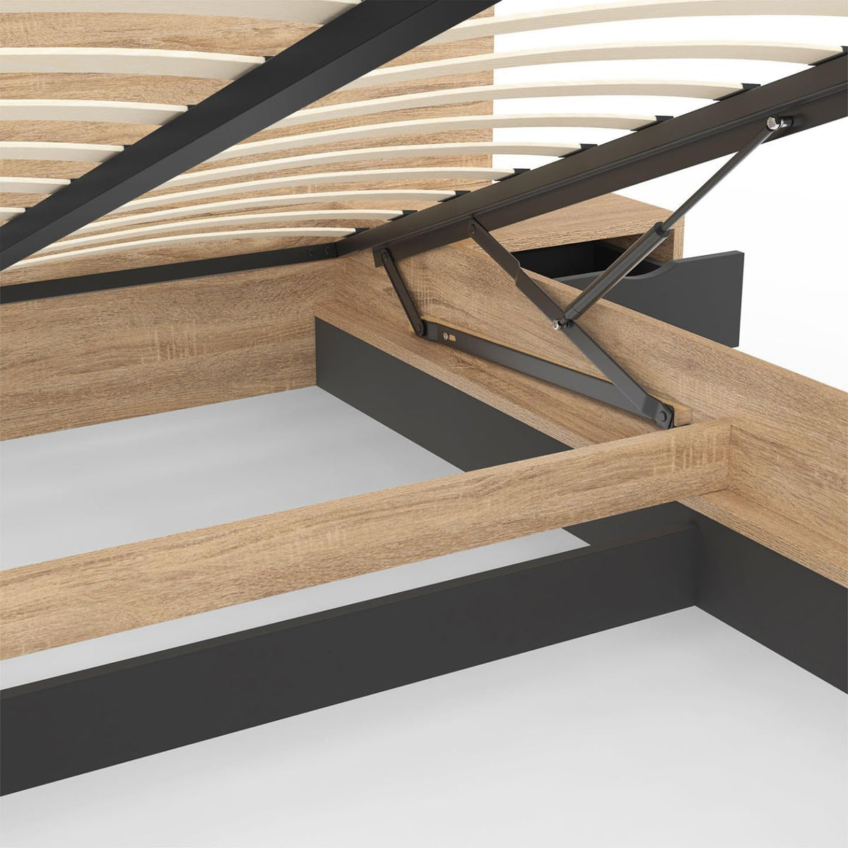 IDMarket - Santa Storage Bed with Integrated Bedside Tables and Box Spring 140x190cm Wood and Black Color