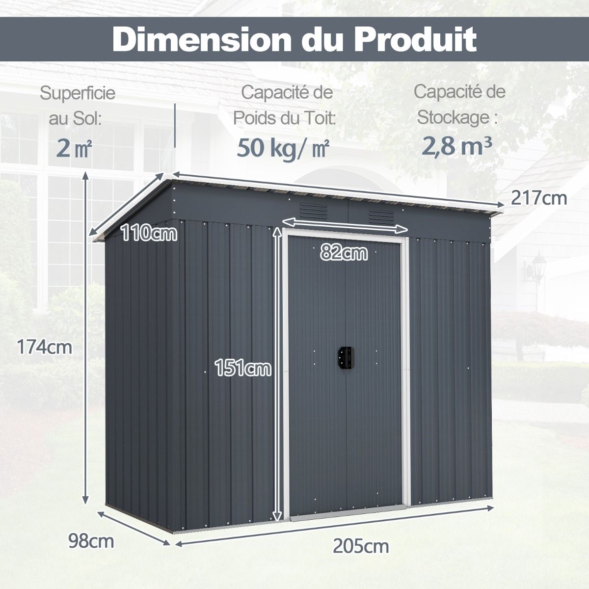 Metal Garden Shed 2.4 ㎡ Single Slope Roof Garden Shed 2 Lockable Sliding Doors Foundation 2 Ventilation Holes Gray -