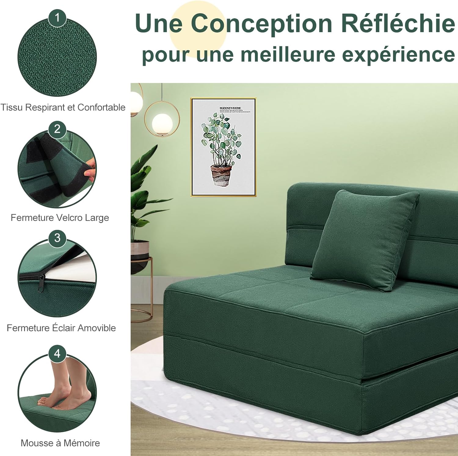ANONER Convertible Floor Sofa 1 Seater Convertible Sofa, 1 Seater Memory Foam Sofa Bed & Pillow, Folding Sofa Mattress for Bedroom Living Room, Dark Green
