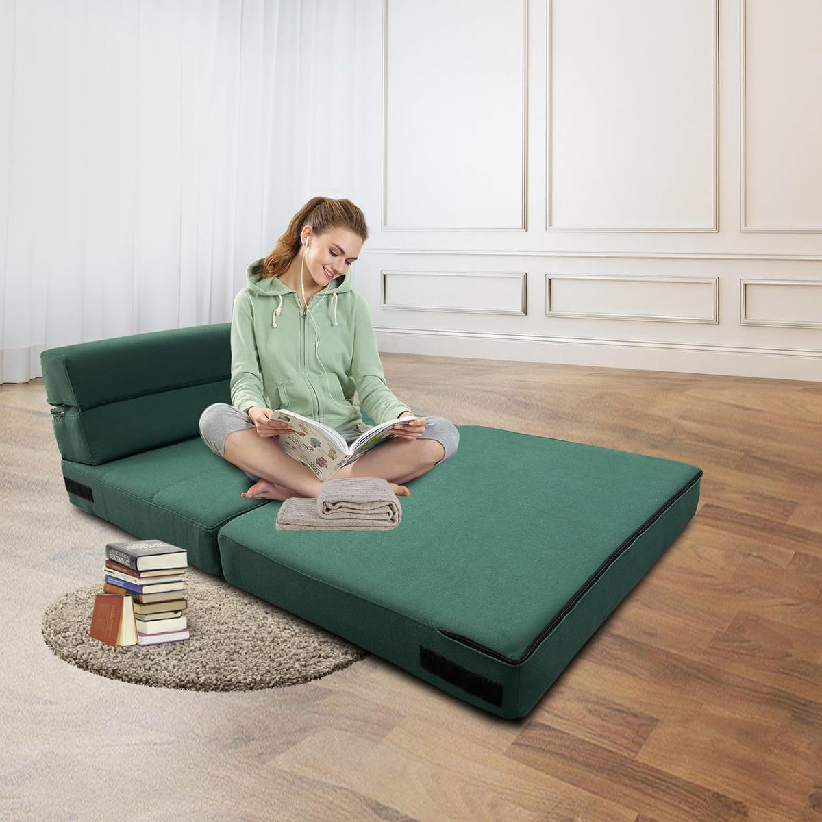 ANONER Convertible Floor Sofa 1 Seater Convertible Sofa, 1 Seater Memory Foam Sofa Bed & Pillow, Folding Sofa Mattress for Bedroom Living Room, Dark Green