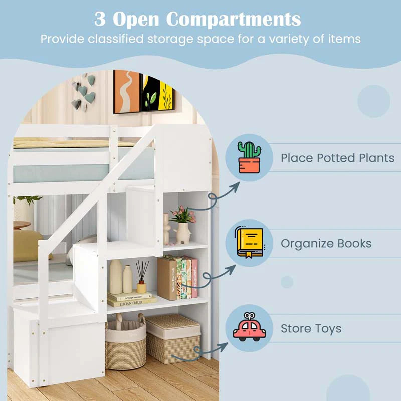 Twin Over Full Bunk Bed with Storage Stairs, Solid Wood Floor Bunk Bed with Full-Length Guardrails - Product image 5