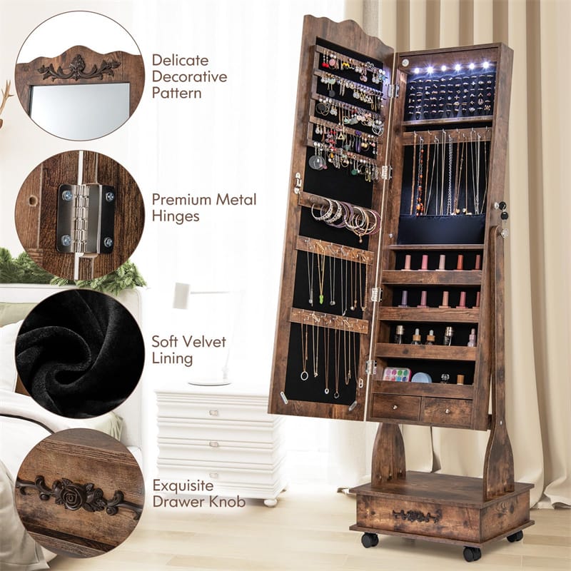 Standing Jewelry Armoire with Full-Length Mirror, Drawers, Lights & Wheels - Product image 25
