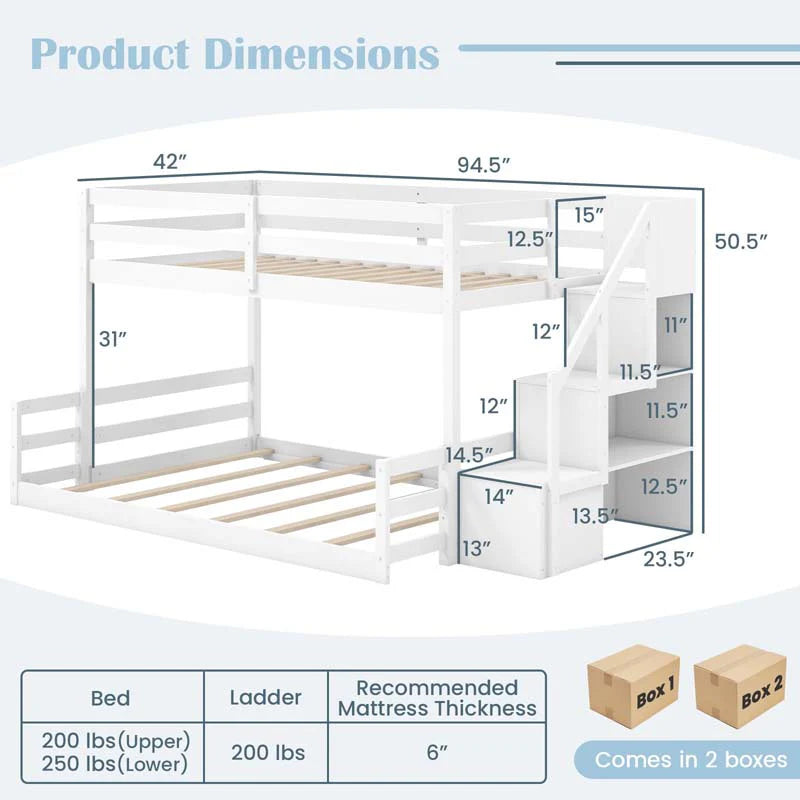 Twin Over Full Bunk Bed with Storage Stairs, Solid Wood Floor Bunk Bed with Full-Length Guardrails - Product image 9