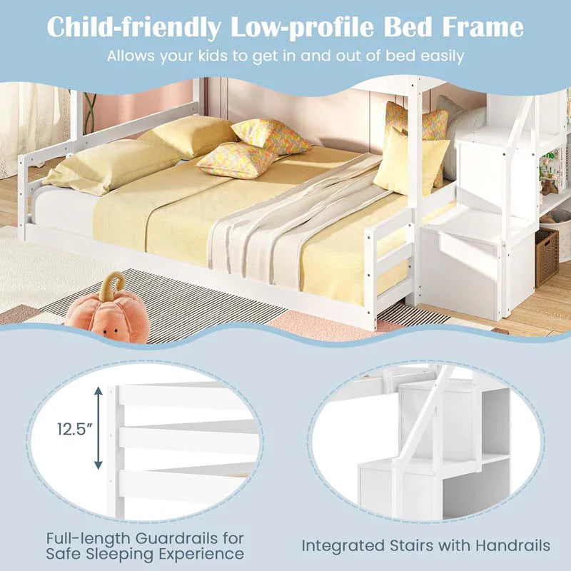 Twin Over Full Bunk Bed with Storage Stairs, Solid Wood Floor Bunk Bed with Full-Length Guardrails - Product image 6