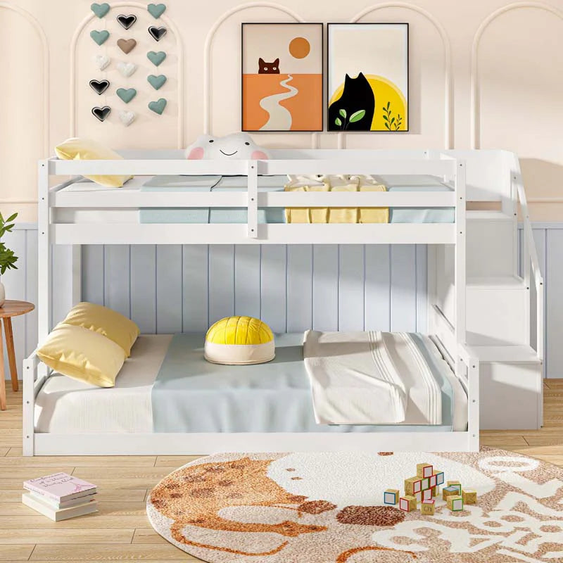 Twin Over Full Bunk Bed with Storage Stairs, Solid Wood Floor Bunk Bed with Full-Length Guardrails - Product image 4