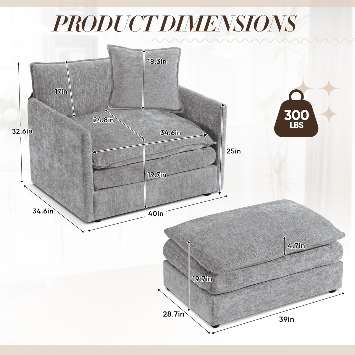 Muumblus Oversized Lounge Chair with Ottoman, Cloud Accent Armchair for Living Room, Beige Chenille - Product image 53