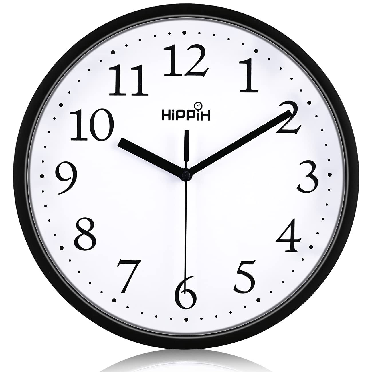 Hippih Black Wall Clock Silent Non Ticking Quality Quartz, 10 inch Round Easy to Read for Home Office - Product image 1
