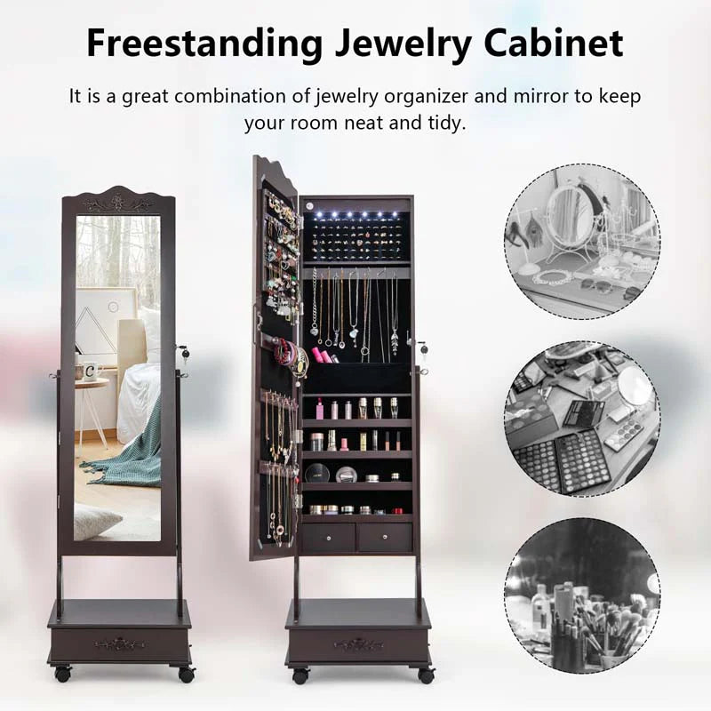 Standing Jewelry Armoire with Full-Length Mirror, Drawers, Lights & Wheels - Product image 4