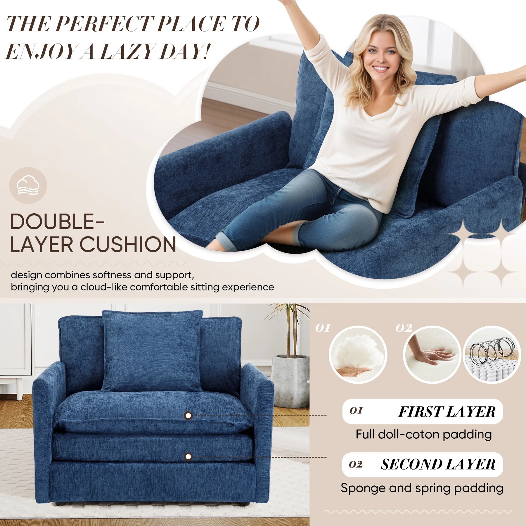 Muumblus Oversized Lounge Chair with Ottoman, Cloud Accent Armchair for Living Room, Beige Chenille - Product image 39
