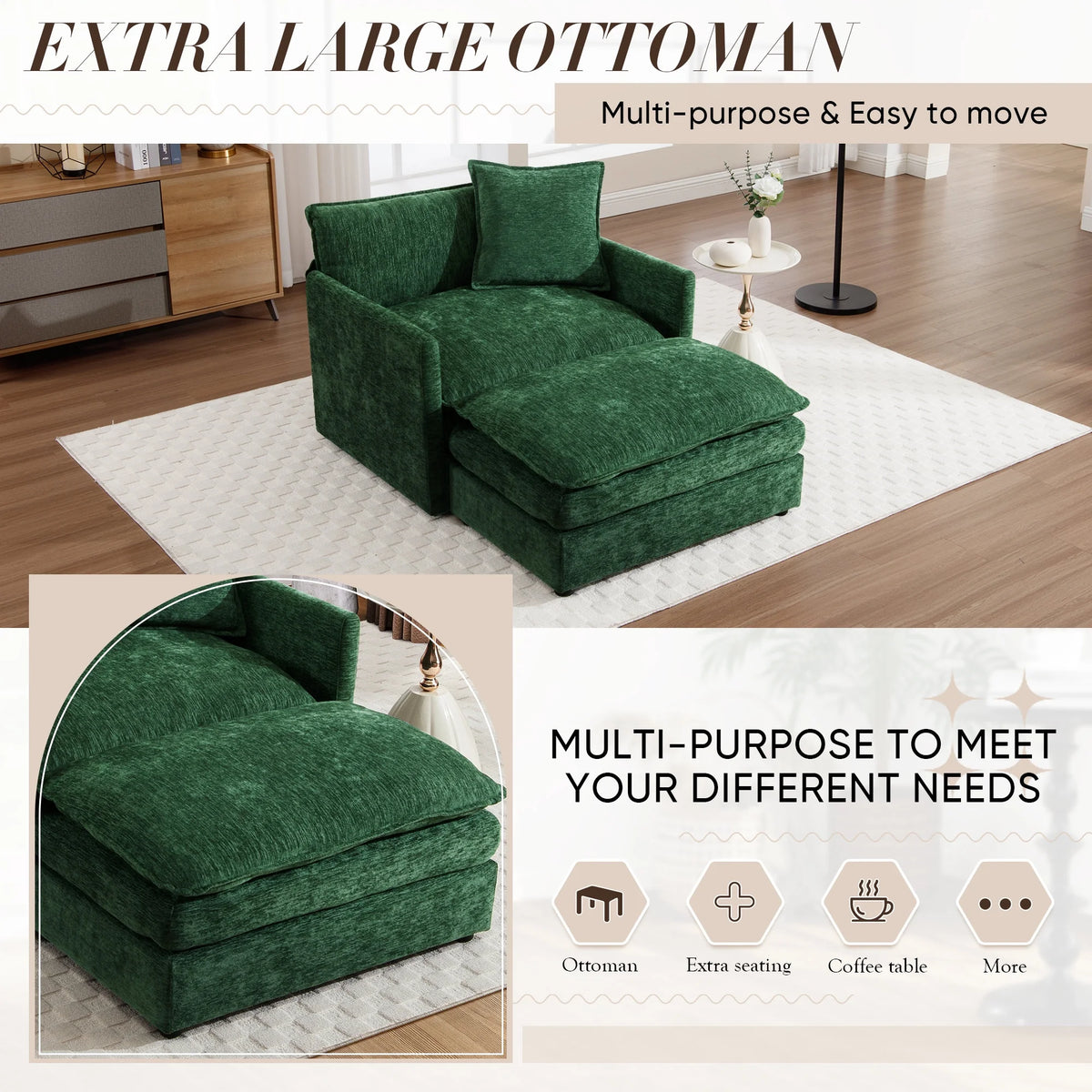 Muumblus Oversized Lounge Chair with Ottoman, Cloud Accent Armchair for Living Room, Beige Chenille - Product image 25