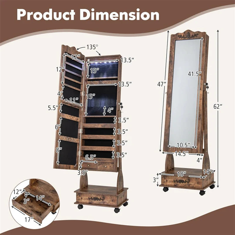 Standing Jewelry Armoire with Full-Length Mirror, Drawers, Lights & Wheels - Product image 20
