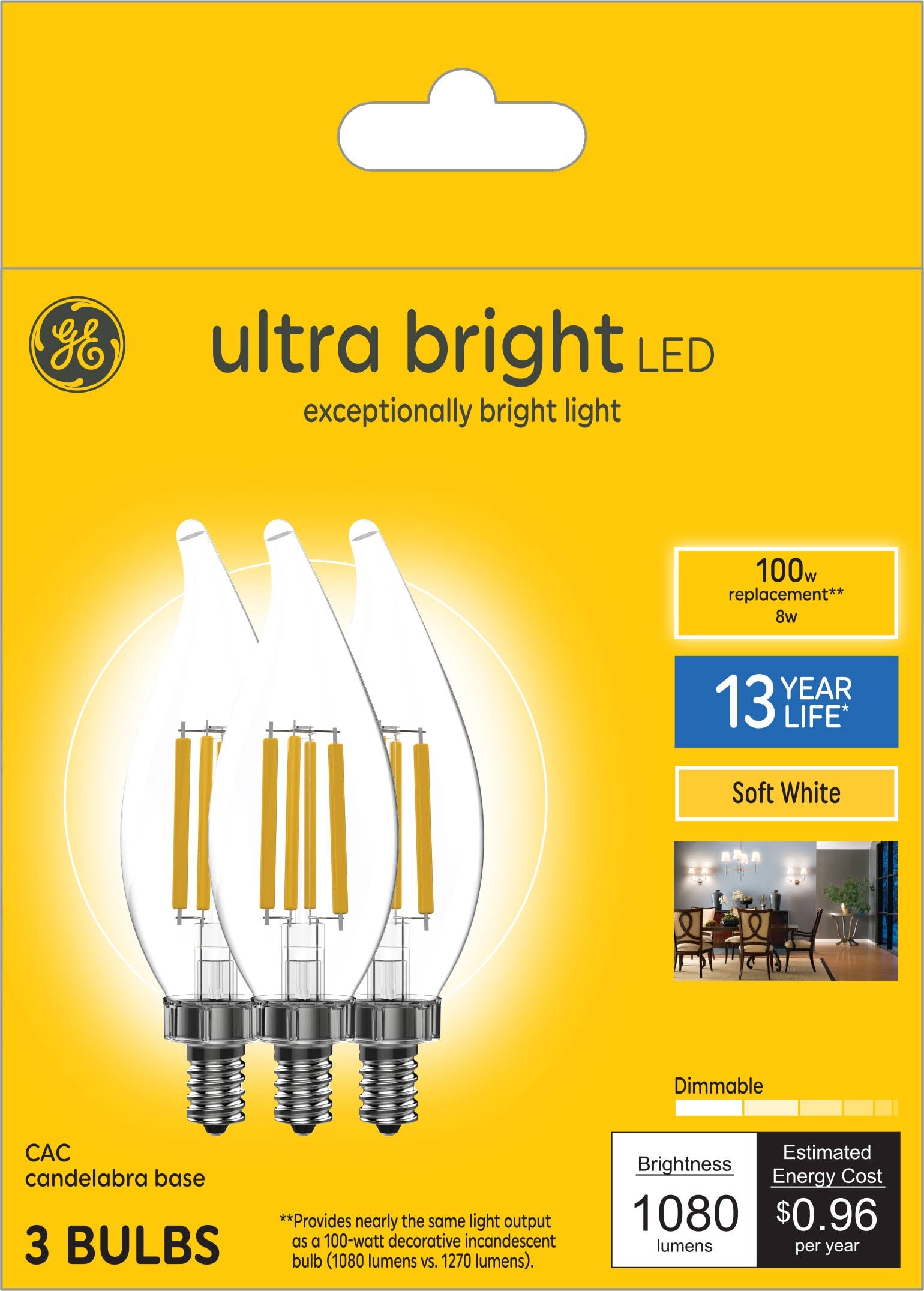 GE Ultra Bright LED Light Bulbs, 100 Watt, Soft White, CA12 Small Base, Clear Finish, 3pk - Product image 1