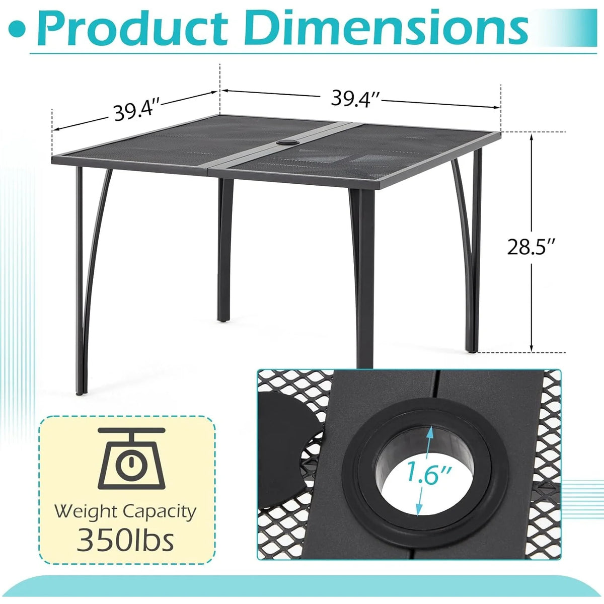 AECOJOY 39.4" Outdoor Patio Dining Table for 4, Metal Patio Table with 1.6" Umbrella Hole - Product image 3