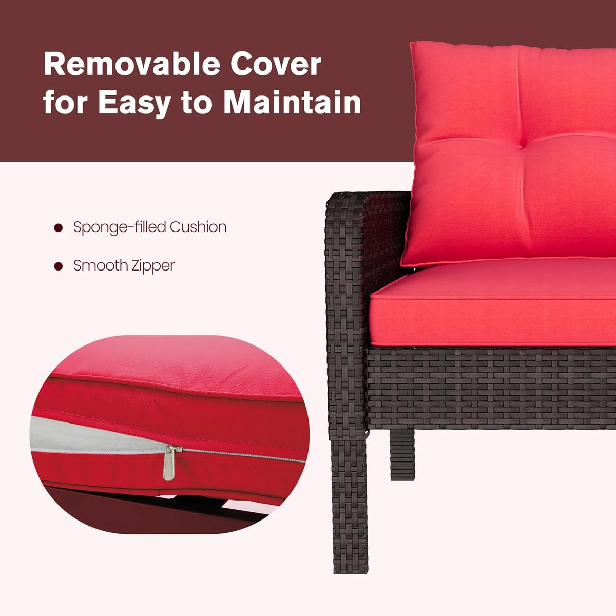 AECOJOY Outdoor 5 Pieces Patio Furniture Set, PE Rattan Wicker Chairs with Ottoman and Table, Brown/Red - Product image 7