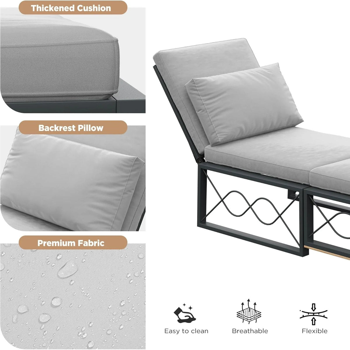 AECOJOY Outdoor Metal Chaise Lounge Chair, Convertible Patio Armchair with Cushions - Product image 6