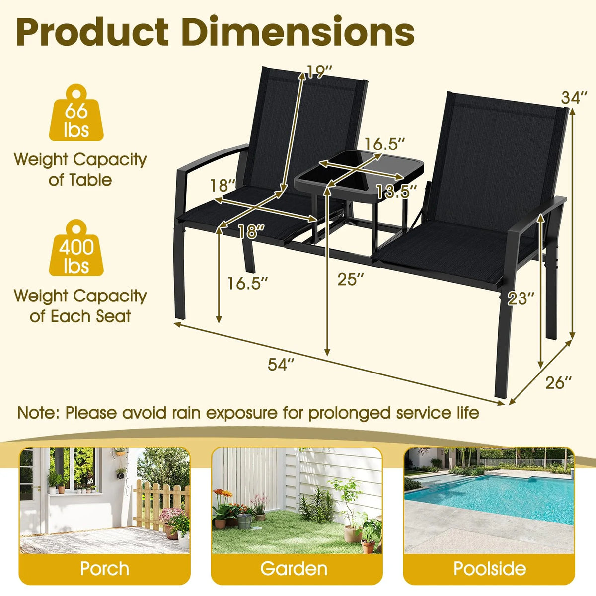 Tangkula Patio Loveseat with Built-in Table with Breathable Fabric Back - Product image 3