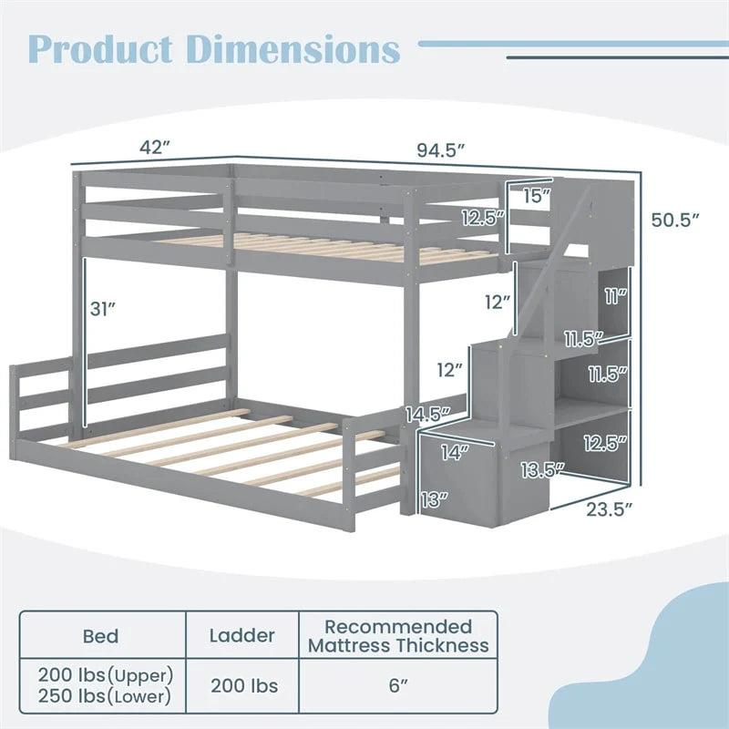 Twin Over Full Bunk Bed with Storage Stairs, Solid Wood Floor Bunk Bed with Full-Length Guardrails - Product image 14