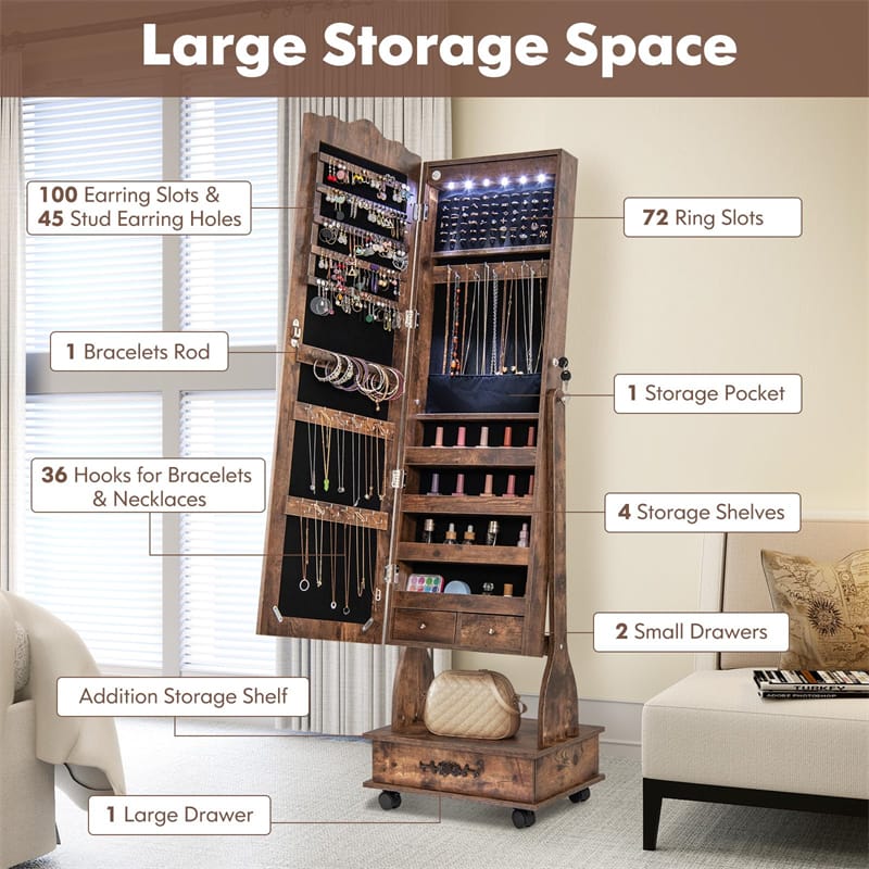 Standing Jewelry Armoire with Full-Length Mirror, Drawers, Lights & Wheels - Product image 22