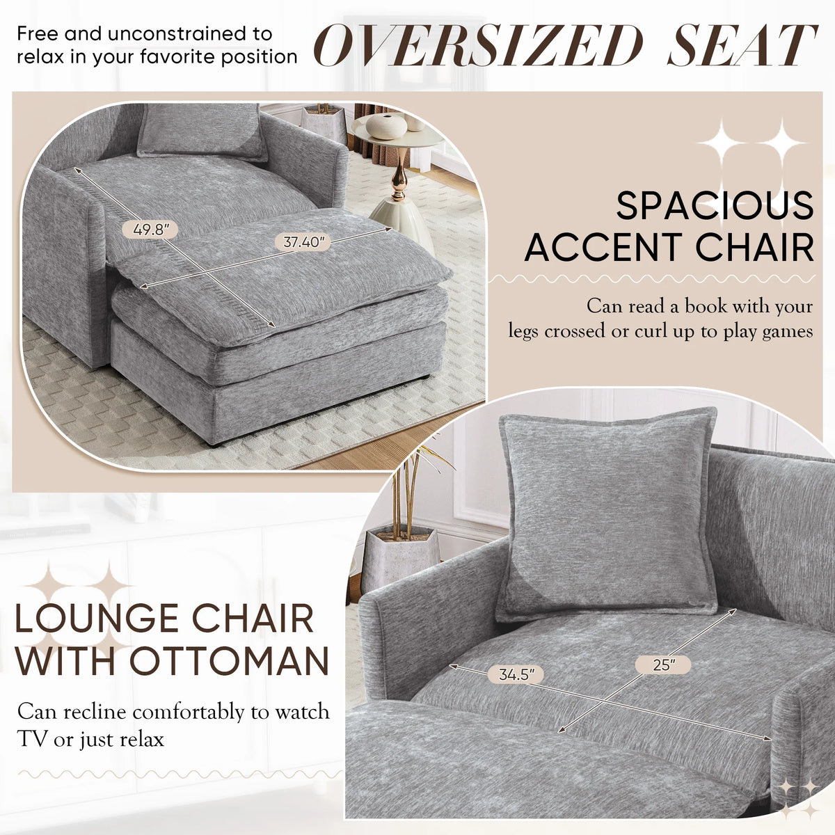 Muumblus Oversized Lounge Chair with Ottoman, Cloud Accent Armchair for Living Room, Beige Chenille - Product image 46