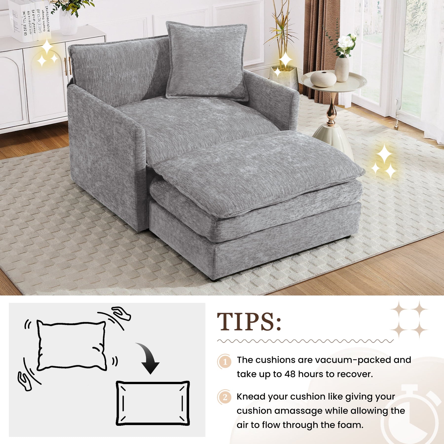 Muumblus Oversized Lounge Chair with Ottoman, Cloud Accent Armchair for Living Room, Beige Chenille - Product image 51